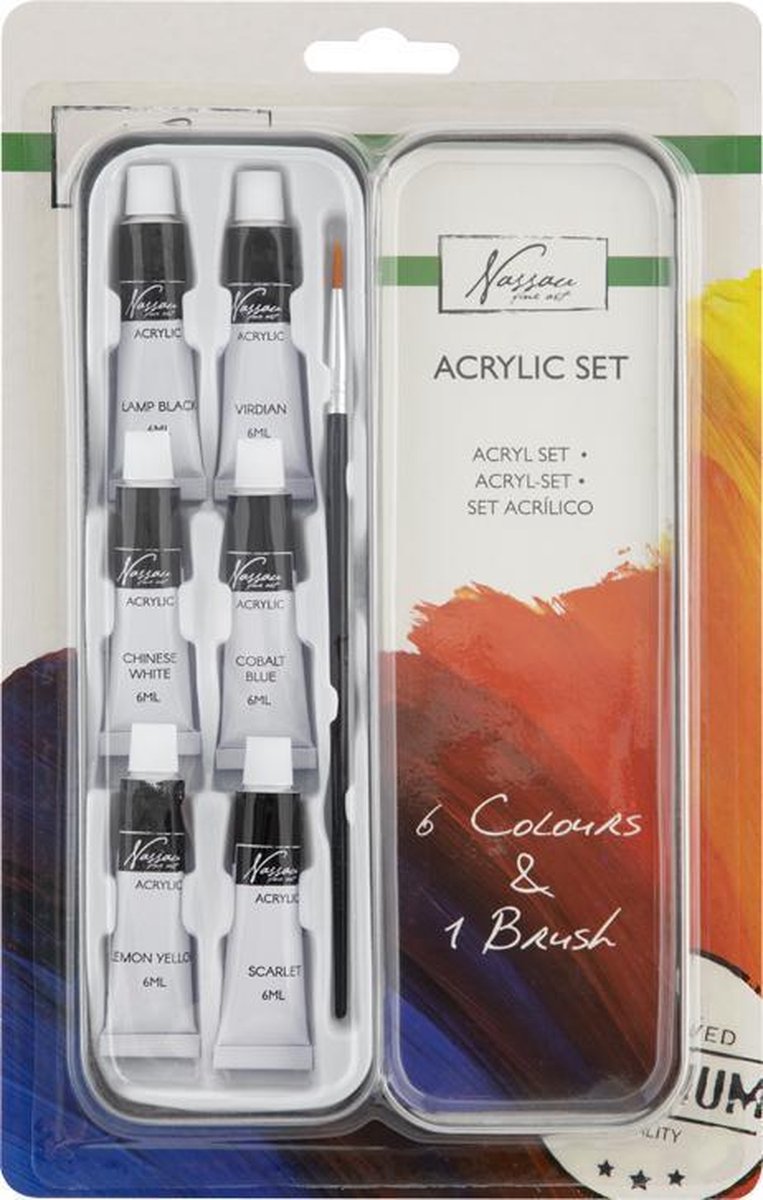 Nassau Fine Art Acrylverf set - 6 kleuren - 1 penseel | verven voor kinderen en volwassenen | 6 ML per kleur |